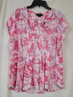 N Touch Pink Floral Pleated Cap-Sleeve Blouse Size XL